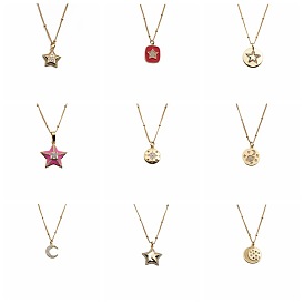 Boho Copper Zircon Star Pendant Necklace DIY with Moon, Stars and Pentagram Design