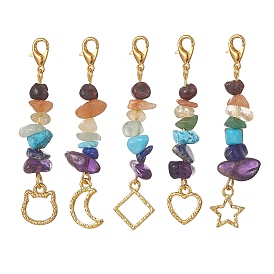 Natural Mixed Gemstone Chips Beaded Pendant Decoration, with Golden Alloy Braided Charms