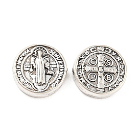 Tibetan Style Alloy Beads, Cadmium Free & Lead Free, Flat Round with Cssml Ndsmd Cross God Father Religious Christianity