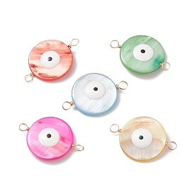 Natural Freshwater Shell Connector Charms, with Enamel and Real 18K Gold Plated Tone Copper Wire Loops, Dyed, Flat Round with Evil Eye