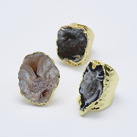 Anneaux de manchette druzy agate naturelle réglable, anneaux large bande, avec les accessoires en laiton de tonalité d'or, taille 7