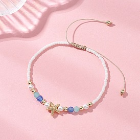 Starfish Natural Agate & Amazonite & Shell Pearl Beads Braided Bead Bracelets for Women, with Nylon Thread & Glass