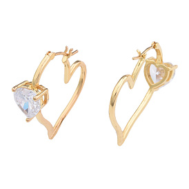 Cubic Zirconia Heart Hoop Earrings, Golden Brass Jewelry for Women, Nickel Free