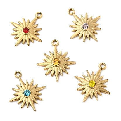 Real 18K Gold Plated 304 Stainless Steel Pendants, with Glass, Sun Charms