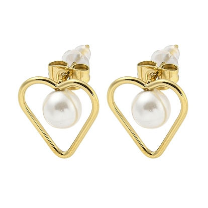 304 Stainless Steel Earring Findings with Plastic Peral Beads, Heart