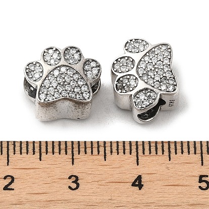 Thaïlande 925 argent sterling micro pavé clair zircone cubique perles européennes, Perles avec un grand trou   , patte de chien impression