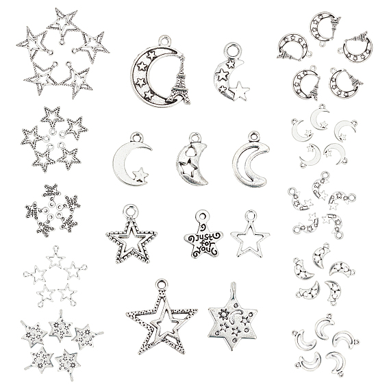 80Pcs 10 Styles Tibetan Style Alloy Pendants, Star & Moon