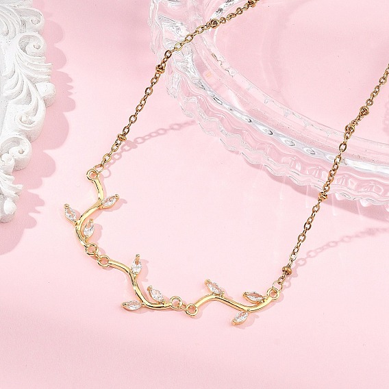 Цепочка из латуни с инкрустацией кубическим цирконием в виде листьев и ветвей, с 304 сателлитной цепью из нержавеющей стали, золотые