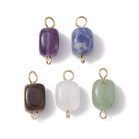 Natural Mixed Gemstone Cuboid Connector Charms, with Iron Double Loops