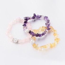 ChipsNatural Gemstone Beaded Stretch Bracelets, with Polymer Clay Rhinestone Beads, 61mm