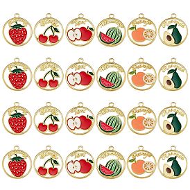 48Pcs 6 Style Alloy Enamel Pendants, Cadmium Free & Nickel Free & Lead Free, Light Gold, Ring with Word and Mixed Fruits