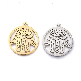 Ion Plating(IP) 304 Stainless Steel Pendants, Manual Polishing, Flat Round with Hamsa Hand/Hand of Fatima/Hand of Miriam