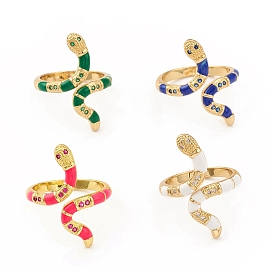 Cubic Zirconia Snake Open Cuff Ring with Enamel, Real 18K Gold Plated Brass Jewelry for Women, Lead Free & Cadmium Free