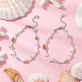 Летние браслеты на ногу с натуральным окрашенным аквамарином, круглым белым нефритом, натуральными морскими ракушками, ракушечным жемчугом и синтетической бирюзой в виде морской звезды