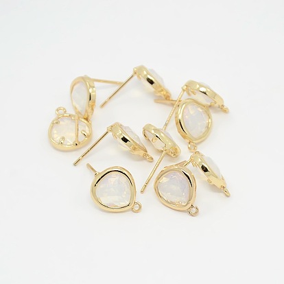 Golden Tone Brass Glass Stud Earring Findings, with Loop, Faceted Triangle, Nickel Free, 13x11x4.5mm, Hole: 1mm, Pin: 0.6mm