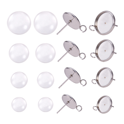 DIY Earring Making, with 304 Stainless Steel Stud Earring Settings and Transparent Glass Cabochons, with Loop
