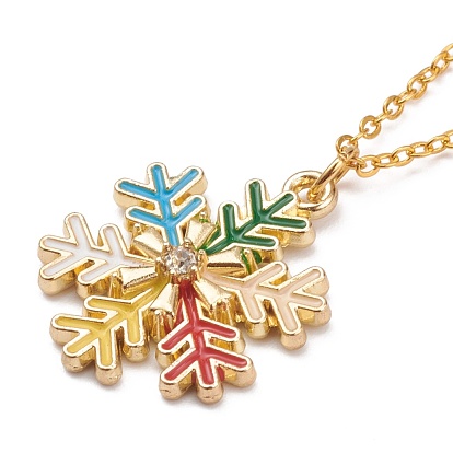 Alloy Enamel Snowflake Pendant Necklaces, for Christmas, with Brass Cable Chains, Colorful