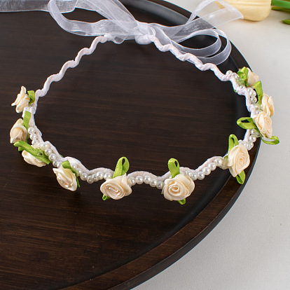 Spring Fairy White Rose Pearl Headband Ribbon Hairband - Country Style Hair Accessories