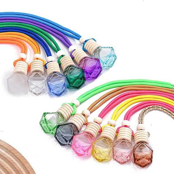 8мл многоугольный стеклянный флакон для духов освежитель воздуха диффузор флакон подвесной орнамент, с деревянной крышкой, для украшения зеркала заднего вида автомобиля