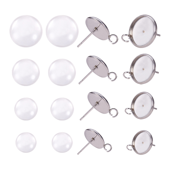 DIY Earring Making, with 304 Stainless Steel Stud Earring Settings and Transparent Glass Cabochons, with Loop