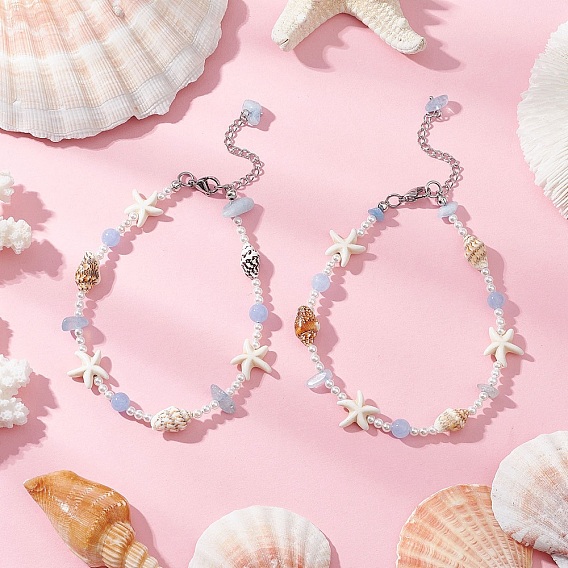 Летние браслеты на ногу с натуральным окрашенным аквамарином, круглым белым нефритом, натуральными морскими ракушками, ракушечным жемчугом и синтетической бирюзой в виде морской звезды
