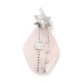 Natural Rose Quartz Pendants, Teardrop Charm, with Stainless Steel Color Plated 304 Stainless Steel Snowflake Findings