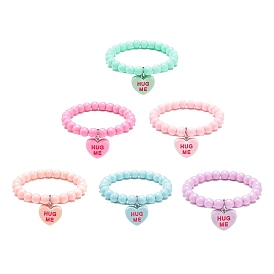 6Pcs 6 Color Candy Color Acrylic Round Beaded Stretch Bracelets Set, Heart with Word Hug Me Resin Charms Stackable Bracelets for Kids