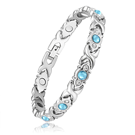 Pulsera de cadena con eslabones ovalados y diamantes de imitación de color aguamarina, pulsera de reloj de acero inoxidable para mujer