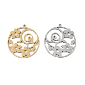 304 Stainless Steel Pendants, Laser Cut, Hollow Flat Round with Flower Charm