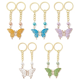 5 пары 5 цвета брелки с эмалью из сплава бабочки, со стеклянными жемчужными бусинами и железными брелоками для ключей
