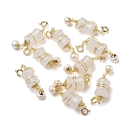 Natural Quartz Bamboo Stick Copper Wire Wrapped Pendant Decorations, Pearl Ornament with Brass Spring Ring Clasps
