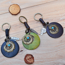 Creative key chain men and women small gifts multi-color wood geometric pendant woven leather turquoise key chain