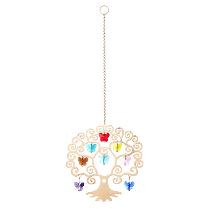 Glass Pendant Decorations, Hanging Suncatchers, with Iron Charm, for Home Garden Decorations, Tree of Life/Heart