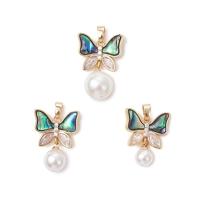 3шт. 3 размеры подвесок из натуральной раковины пауа с круглыми белыми жемчужинами из раковины, Подвески в виде бабочек с латунной инкрустацией из прозрачных кубических цирконий.
