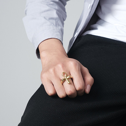 Stainless Steel Ankh Cross Finger Ring, Wide Chunky Ring for Men Women