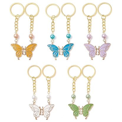 5 Pairs 5 Colors Butterfly Alloy Enamel Keychains, with Glass Pearl Beads and Iron Split Key Rings