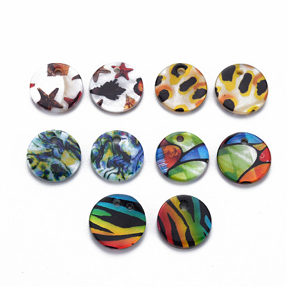 Printed Freshwater Shell Charms, Flat Round with Mixed Pattern