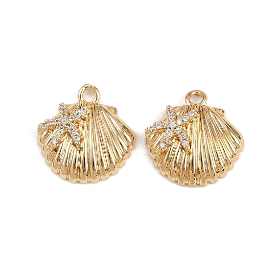 Brass Micro Pave Clear Cubic Zirconia Pendants, Shell Shape