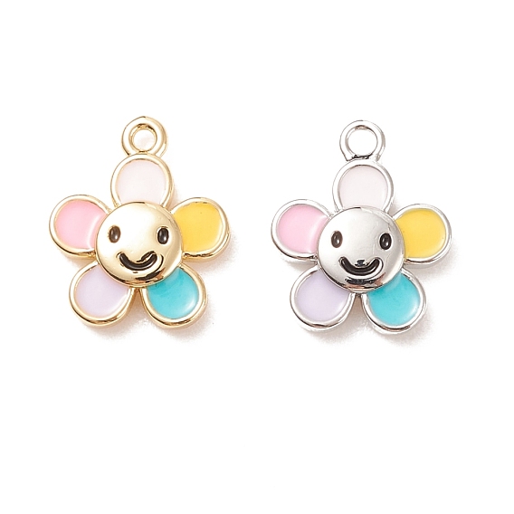 Rack Plating Brass Enamel Charms, Cadmium Free & Lead Free, Flower with Smiling Face
