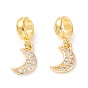 Brass Cubic Zirconia European Dangle Charms, Largr Hole Pendants, Long-Lasting Plated, Real 18K Gold Plated, Half Moon
