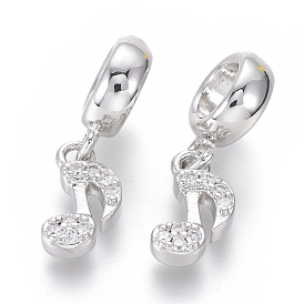 Brass Micro Pave Clear Cubic Zirconia European Dangle Charms, Large Hole Pendants, Musical Note