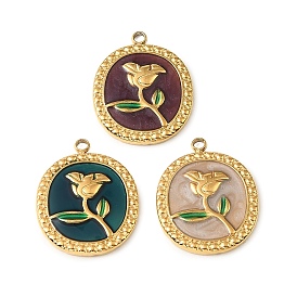 304 подвески из нержавеющей стали, овал с цветочными подвесками, с эмалью, реальный 18 k позолоченный, ионное покрытие (ip)