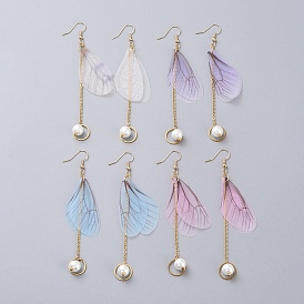 Perle en verre Boucles d'oreille, avec tissu organza, anneaux de liaison et crochets de boucles d'oreilles en laiton et 304 chaînes à câbles en acier inoxydable, aile de libellule
