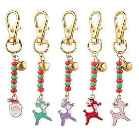 Christmas Theme Alloy Enamel Pendant Decorations, Glass Seed Beaded and Zinc Alloy Lobster Claw Clasps Charms, Deer & Santa Claus