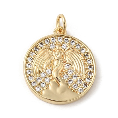 Rack Plating Brass Micro Pave Cubic Zirconia Pendants, Jump Ring, Lead Free & Cadmium Free, Flat Round & Angel Charm