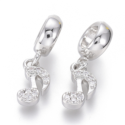 Brass Micro Pave Clear Cubic Zirconia European Dangle Charms, Large Hole Pendants, Musical Note