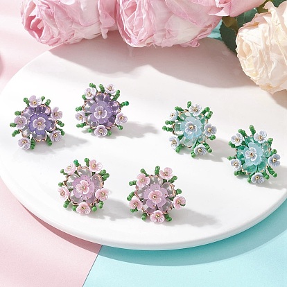 Flower Handmade Glass Seed Beads Stud Earrings, with Acrylic Bead Caps, Platinum
