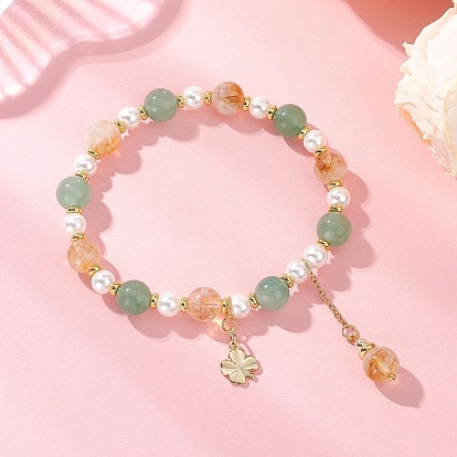 Браслеты с подвесками из латуни с клевером, Браслеты из жемчуга и натурального зеленого авантюрина и цитрина для женщин