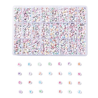 288G 26 Style White Acrylic Beads, Flat Round with Mixed Color Letter