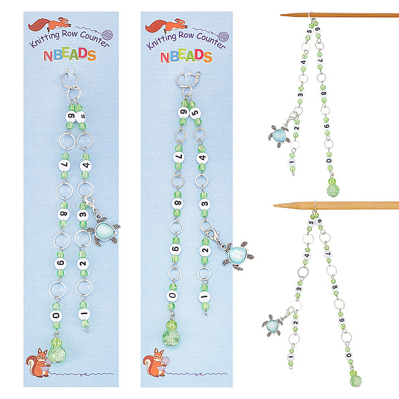 Окрашенное распылением кракелюрное стекло и акриловые звенья, вязальные цепочки со счетчиками рядов, латунное связующее кольцо, маркер для запирания петель, шкентеля сплава с стразами, черепаха